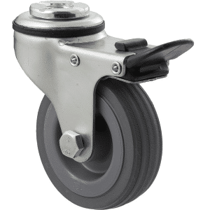 K Series castor, 75mm x 28mm x 23mm grey rubber wheel, plain bearing, swivel bolt hole, total brake, 50 kg load rating