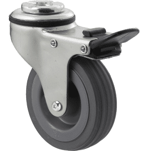 K Series castor, 75mm x 28mm x 23mm grey rubber wheel, plain bearing, swivel bolt hole, total brake, Chicago screw axle, 50 kg load rating