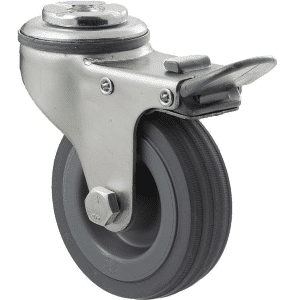 K Series castor, 75mm x 28mm x 23mm grey rubber wheel, plain bearing, swivel bolt hole, total brake, grey seal, grey seal & pedal, 50 kg load rating