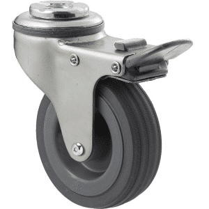 K Series castor, 75mm x 28mm x 23mm grey rubber wheel, plain bearing, swivel bolt hole, total brake, Chicago screw axle, grey seal, grey seal & pedal, 50 kg load rating