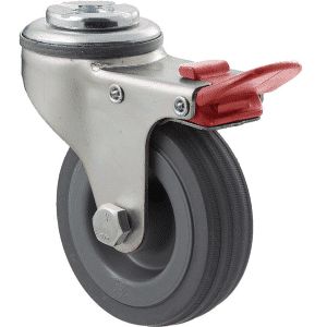 K Series castor, 75mm x 28mm x 23mm grey rubber wheel, plain bearing, swivel bolt hole, total brake, grey seal & red pedal, 50 kg load rating