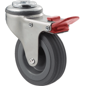 K Series castor, 75mm x 28mm x 23mm grey rubber wheel, plain bearing, swivel bolt hole, total brake, Chicago screw axle, grey seal & red pedal, 50 kg load rating