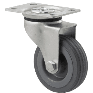 K Series castor, 75mm x 28mm x 23mm grey rubber wheel, plain bearing, swivel plate, zinc, 50 kg load rating