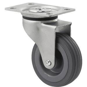 K Series castor, 75mm x 28mm x 23mm grey rubber wheel, plain bearing, swivel plate, zinc, Chicago screw axle, 50 kg load rating
