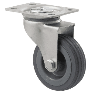 K Series castor, 75mm x 28mm x 23mm grey rubber wheel, plain bearing, swivel plate, zinc, grey seal, 50 kg load rating