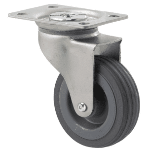 K Series castor, 75mm x 28mm x 23mm grey rubber wheel, plain bearing, swivel plate, zinc, Chicago screw axle, grey seal, 50 kg load rating