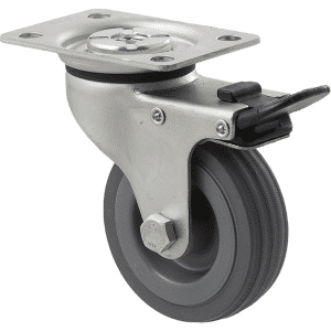 K Series castor, 75mm x 28mm x 23mm grey rubber wheel, plain bearing, swivel plate, total brake, 50 kg load rating