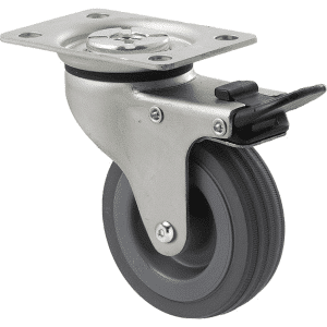 K Series castor, 75mm x 28mm x 23mm grey rubber wheel, plain bearing, swivel plate, total brake, Chicago screw axle, 50 kg load rating