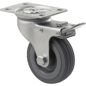 K Series castor, 75mm x 28mm x 23mm grey rubber wheel, plain bearing, swivel plate, total brake, grey seal & pedal, 50 kg load rating