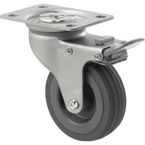 K Series castor, 75mm x 28mm x 23mm grey rubber wheel, plain bearing, swivel plate, total brake, Chicago screw axle, grey seal & pedal, 50 kg load rating