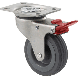 K Series castor, 75mm x 28mm x 23mm grey rubber wheel, plain bearing, swivel plate, total brake, Chicago screw axle, grey seal & red pedal, 50 kg load rating