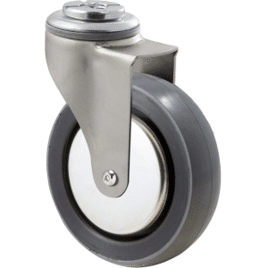K Series castor, 100mm x 23mm polyurethane (PU) wheel, thread guard, plain bearing, swivel bolt hole, Chicago screw axle, grey seal, 100 kg load rating