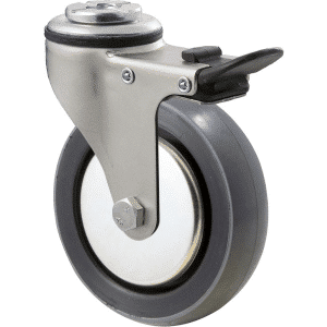 K Series castor, 100mm x 23mm polyurethane (PU) wheel, thread guard, swivel bolt hole, total brake, zinc, 100 kg load rating