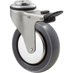 K Series castor, 100mm x 23mm polyurethane (PU) wheel, thread guard, swivel bolt hole, total brake, zinc, Chicago screw axle, 100 kg load rating