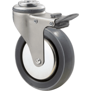 K Series castor, 100mm x 23mm polyurethane (PU) wheel, thread guard, swivel bolt hole, total brake, zinc, Chicago screw axle, grey seal & pedal, 100 kg load rating