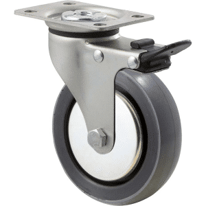 K Series castor, 100mm x 23mm polyurethane (PU) wheel, thread guard, plain bearing, swivel plate, total brake, 100 kg load rating