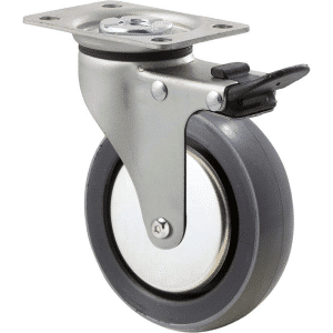 K Series castor, 100mm x 23mm polyurethane (PU) wheel, thread guard, plain bearing, swivel plate, total brake, Chicago screw axle, 100 kg load rating
