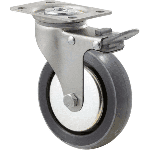 K Series castor, 100mm x 23mm polyurethane (PU) wheel, thread guard, plain bearing, swivel plate, total brake, grey seal & pedal, 100 kg load rating