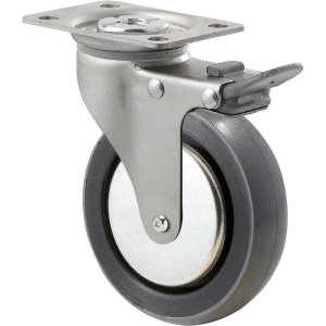 K Series castor, 100mm x 23mm polyurethane (PU) wheel, thread guard, plain bearing, swivel plate, total brake, Chicago screw axle, grey seal & pedal, 100 kg load rating