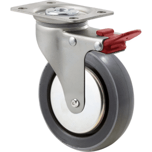 K Series castor, 100mm x 23mm polyurethane (PU) wheel, thread guard, plain bearing, swivel plate, total brake, Chicago screw axle, grey seal & red pedal, 100 kg load rating