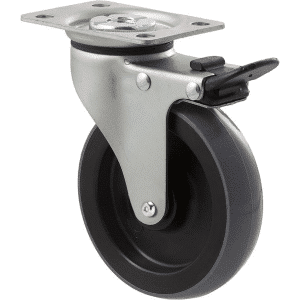 K Series castor, 100mm x 23mm polyurethane (PU) wheel, plain bearing, swivel plate, total brake, Chicago screw axle, 100 kg load rating