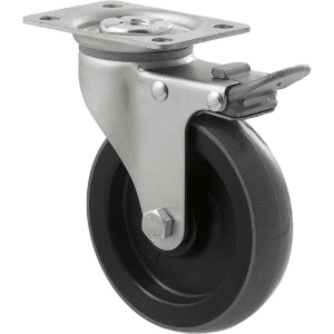 K Series castor, 100mm x 23mm polyurethane (PU) wheel, plain bearing, swivel plate, total brake, grey seal & pedal, 100 kg load rating