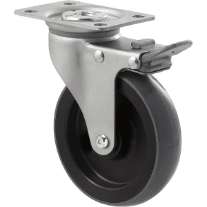 K Series castor, 100mm x 23mm polyurethane (PU) wheel, plain bearing, swivel plate, total brake, Chicago screw axle, grey seal & pedal, 100 kg load rating