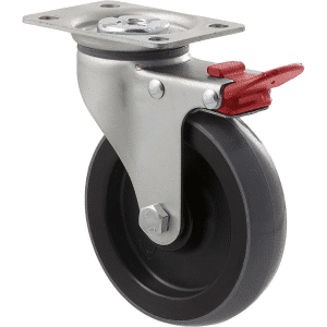 K Series castor, 100mm x 23mm polyurethane (PU) wheel, plain bearing, swivel plate, total brake, grey seal & red pedal, 100 kg load rating