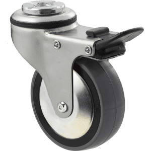 K Series castor, 75mm x 28mm x 23mm polyurethane (PU) wheel, thread guard, swivel bolt hole, total brake, zinc, Chicago screw axle, 100 kg load rating