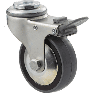 K Series castor, 75mm x 28mm x 23mm polyurethane (PU) wheel, thread guard, swivel bolt hole, total brake, zinc, grey seal & pedal, 100 kg load rating