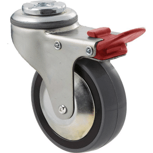 K Series castor, 75mm x 28mm x 23mm polyurethane (PU) wheel, thread guard, swivel bolt hole, total brake, zinc, Chicago screw axle, grey seal & red pedal, 100 kg load rating