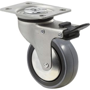 K Series castor, 75mm x 28mm x 23mm polyurethane (PU) wheel, thread guard, plain bearing, swivel plate, total brake, Chicago screw axle, 100 kg load rating