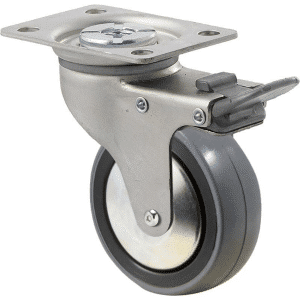 K Series castor, 75mm x 28mm x 23mm polyurethane (PU) wheel, thread guard, plain bearing, swivel plate, total brake, Chicago screw axle, grey seal & pedal, 100 kg load rating