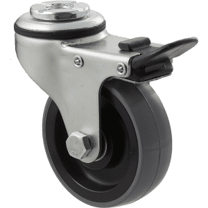K Series castor, 75mm x 28mm x 23mm polyurethane (PU) wheel, plain bearing, swivel bolt hole, total brake, 100 kg load rating