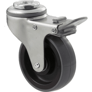 K Series castor, 75mm x 28mm x 23mm polyurethane (PU) wheel, plain bearing, swivel bolt hole, total brake, Chicago screw axle, grey seal, grey seal & pedal, 100 kg load rating