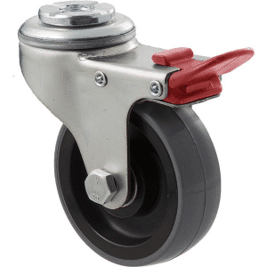 K Series castor, 75mm x 28mm x 23mm polyurethane (PU) wheel, plain bearing, swivel bolt hole, total brake, grey seal & red pedal, 100 kg load rating