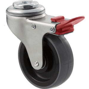 K Series castor, 75mm x 28mm x 23mm polyurethane (PU) wheel, plain bearing, swivel bolt hole, total brake, Chicago screw axle, grey seal & red pedal, 100 kg load rating