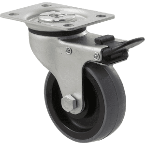 K Series castor, 75mm x 28mm x 23mm polyurethane (PU) wheel, plain bearing, swivel plate, total brake, 100 kg load rating