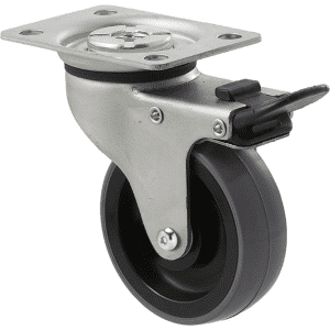 K Series castor, 75mm x 28mm x 23mm polyurethane (PU) wheel, plain bearing, swivel plate, total brake, Chicago screw axle, 100 kg load rating