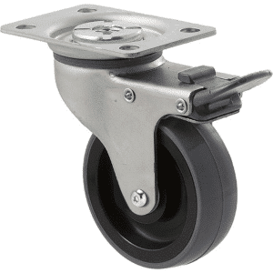 K Series castor, 75mm x 28mm x 23mm polyurethane (PU) wheel, plain bearing, swivel plate, total brake, Chicago screw axle, grey seal & pedal, 100 kg load rating