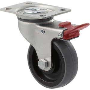 K Series castor, 75mm x 28mm x 23mm polyurethane (PU) wheel, plain bearing, swivel plate, total brake, grey seal & red pedal, 100 kg load rating