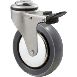 K Series castor, 100mm x 23mm polyurethane (PU) wheel, thread guard, swivel bolt hole, total brake, zinc, Chicago screw axle, 100 kg load rating