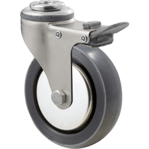 K Series castor, 100mm x 23mm polyurethane (PU) wheel, thread guard, swivel bolt hole, total brake, zinc, grey seal & pedal, 100 kg load rating