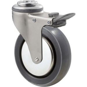 K Series castor, 100mm x 23mm polyurethane (PU) wheel, thread guard, swivel bolt hole, total brake, zinc, Chicago screw axle, grey seal & pedal, 100 kg load rating