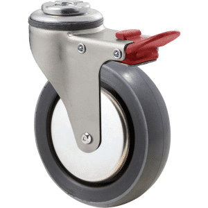 K Series castor, 100mm x 23mm polyurethane (PU) wheel, thread guard, swivel bolt hole, total brake, zinc, Chicago screw axle, grey seal & red pedal, 100 kg load rating