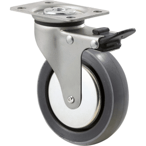 K Series castor, 100mm x 23mm polyurethane (PU) wheel, thread guard, precision bearing, swivel plate, total brake, Chicago screw axle, 100 kg load rating