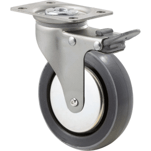 K Series castor, 100mm x 23mm polyurethane (PU) wheel, thread guard, precision bearing, swivel plate, total brake, Chicago screw axle, grey seal & pedal, 100 kg load rating