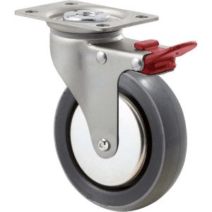 K Series castor, 100mm x 23mm polyurethane (PU) wheel, thread guard, precision bearing, swivel plate, total brake, Chicago screw axle, grey seal & redpedal, 100 kg load rating
