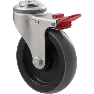 K Series castor, 100mm x 23mm polyurethane (PU) wheel, precision bearing, swivel bolt hole, total brake, grey seal & redpedal, 100 kg load rating