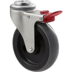 K Series castor, 100mm x 23mm polyurethane (PU) wheel, precision bearing, swivel bolt hole, total brake, Chicago screw axle, grey seal & red pedal, 100 kg load rating
